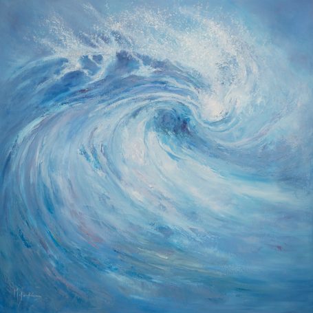 Ola de mar en tonos azules y blancos, capturando movimiento y frescura.