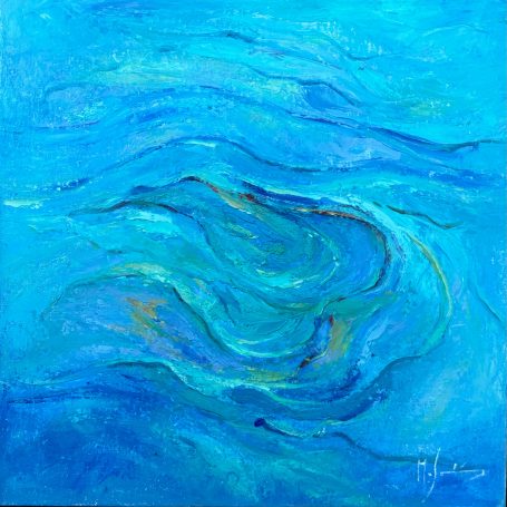 Textura abstracta en tonos de azul con suaves ondas y detalles de color dorado.