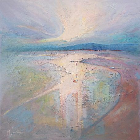 Paisaje abstracto con suaves tonos pastel reflejando luz sobre el agua y el horizonte.