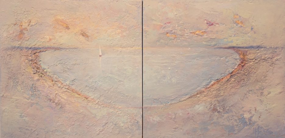 Paisaje abstracto, representando un golfo del mar sereno con un velero al fondo.