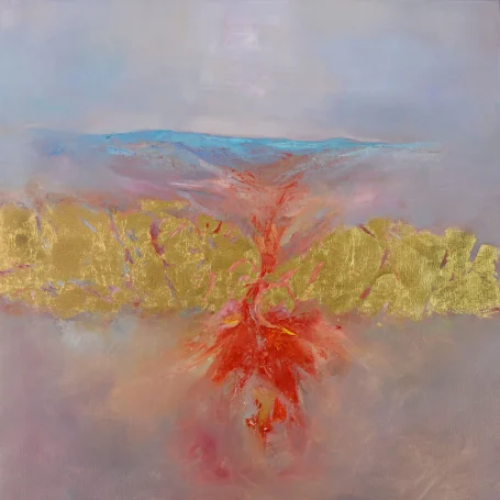 Abstracta pintura con colores cálidos y fríos, destacando un estallido rojo y dorado.