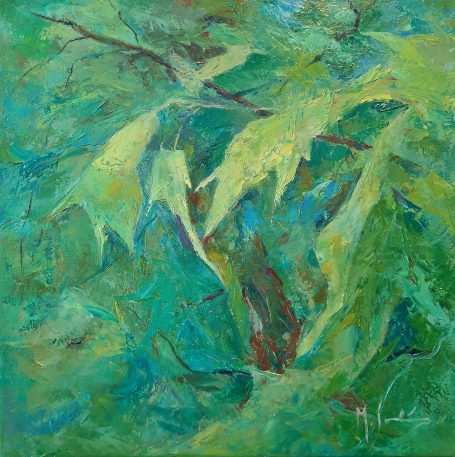 Pintura abstracta de hojas verdes con diversas tonalidades y texturas.