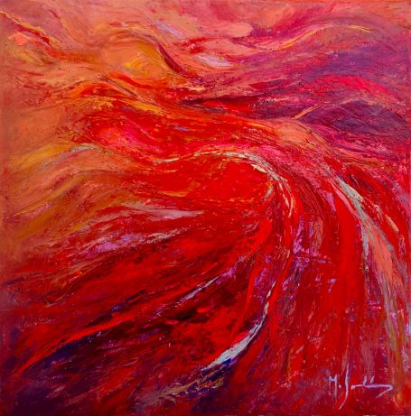 Abstracto en tonos rojos y naranjas que evoca movimiento y energía dinámica.