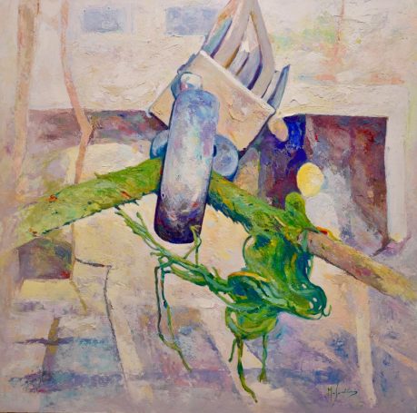 Cubierto en colores suaves, pinchos metálicos y ramas con algas en un entorno abstracto.