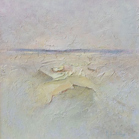 Paisaje abstracto en tonos claros, con un horizonte sutil y texturas suaves.